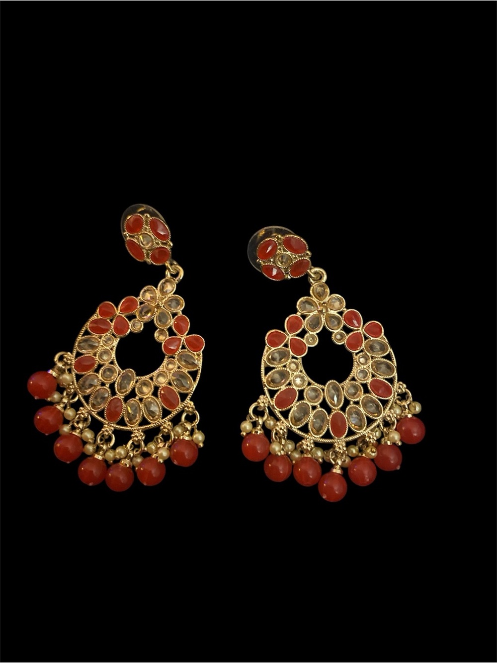 Gold-Tone Red Floral Chandbali Earrings